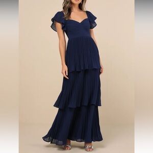 Notorious Charm Navy Blue Pleated Flutter Sleeve Maxi Dress